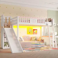 Kinder-Hochbett 90x200 cm aus Kiefernholz & MDF, Spielbett mit Rutsche, LED-Beleuchtung & 3 Regalen, Einzelbett für Kinderzimmer, wackelfrei, Weiß - Weiß