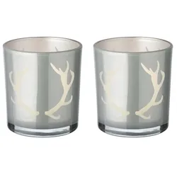 EDZARD 2er-Set Teelichtglas Ati (Höhe 8 cm), grau, Geweih-Motiv
