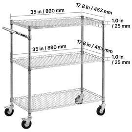Vevor Küchenwagen mit 3 Ebenen, Schwerlast-Servierwagen bis 300 kg, Rollwagen mit Höhenverstellbaren Drahtablagen und Griff, Metallregal auf Rollen für Küche, Garage & Waschküche, 890 x 453 x 1040 mm