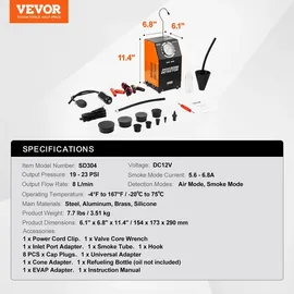 Vevor Nebelmaschine Lecksucher EVAP Lecktester Eingebaute Luftpumpe 8L/min 12V