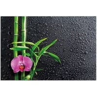 Wallario Sichtschutzzaunmatten Bambus und pinke Orchidee auf schwarzem Glas mit Regentropfen schwarz 61 cm x 91.5 cm