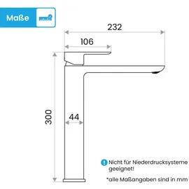 Bächlein Badarmatur Mizarela hoch in klassischem Design, Einhebelmischer für Aufsatzwaschbecken mit langlebiger Keramikkartusche und Montage-Set, Bad Wasserhahn Anthrazit - flacher Auslauf