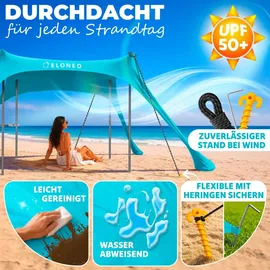 eloneo Strandzelt, Sonnensegel Strand 228x214x200 cm, LSF 50+, Sonnenschutz für Strand mit Sandschaufel, Heringen und 4 Stabilitätsstangen, 4 Personen, Türkis