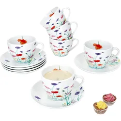 6er Set Marie Kaffeetassen mit Untertassen 6 Personen Porzellan Tee Kakao Blumen