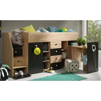 Hochbett ,Kinderbett SM 3, Hochbett mit Schreibtisch, kleine Schrank und Schubladen. Farbe Artisan/Schwarz