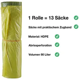 BigDean 20 Rollen Gelber Sack, Gelbe Säcke 90 Liter HDPE Gelb 13 Stück pro Rolle, insgesamt 260 Stück - ca. 60x87 cm plus 5 cm Umschlag 15my - Gelb/Schwarz
