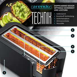 Arendo Toaster für 4 Scheiben Langschlitz 1500 W, Brötchenaufsatz, Wärmeisoliert, Display, Touch, Schwarz