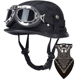 Deutsche Leder Motorrad Halbhelme Retro Halbschalenhelm JetHelm mit Visier Schnellverschluss Schnalle für Cruiser Chopper Biker Moped DOT/ECE-Zulassung