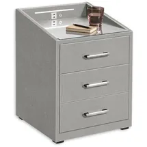 Stella Trading Moon Nachttisch | Nachtkommode mit LED Beleuchtung & USB Anschlüsse | Graue Stoffoberfläche und Glasplatte | 3 Schubladen | 47x61x46cm
