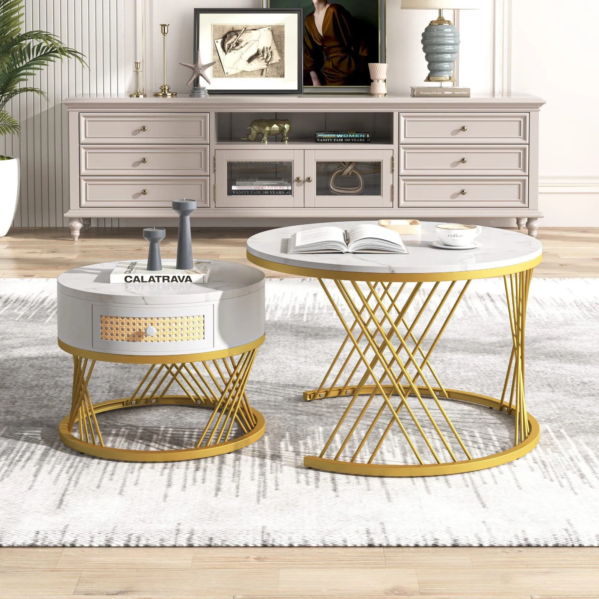 Couchtisch, Marmormuster 70cm Runder Platzsparender 2-in-1 Weiß mit Kunststoff-Rattan-Schubladen Massivholzgriffen vergoldeten Eisenfüßen   Aosom.de