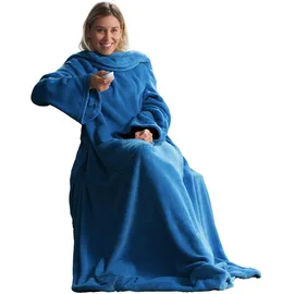 CelinaTex TV-Decke mit Ärmeln und Fußtasche Flauschige Kuscheldecke 150 x 180 cm blau Mikrofaser Fleece Soft Oeko-TEX