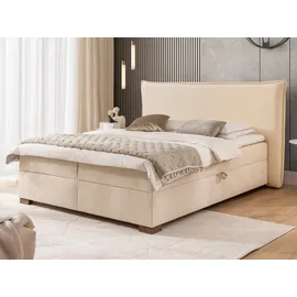 s-style möbel - Lovetti - Boxspringbett 180x200 Mit Topper Und Bettkästen Aus Beige Strukturstoff-cordoptik, Massivholz Füße