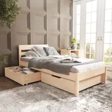 Hansales Seniorenbett 90x200 cm Külli mit Zwei Unterbettboxen, Bettgestell aus massivem FSC® Birken Holz ohne Rollrost in Naturfarbe, belastbar bis 350 kg - Einzelbettgestell mit Kopfteil