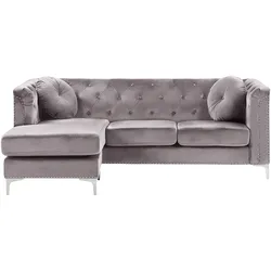 Ecksofa Samtstoff rechtsseitig grau Chesterfield-Design 3-Sitzer FLEN