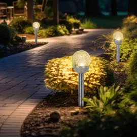 Expo Börse Solarlampe Erdspieß Außenleuchte Glaskugel Gartenlampe Steckleuchte, Kunststoff silber Edelstahl, Akku, LED warmweiß, H 34,5 cm, 4er Set