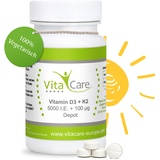 VitaCare Vitamin D3 + K2 Depot, 180 Tabletten, Nahrungsergänzungsmittel mit 5000 I.E. hochdosiertem Vitamin D3 + 100 μg K2- MK7 (All-trans)