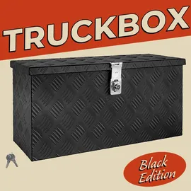 Trucky Deichselbox Schwarz Werkzeugkasten Truckbox Alu Box Anhänger Kiste mit Deckel Abschließbar Alubox Transportbox Werkzeugbox Aluminium Aufbewahrungsbox