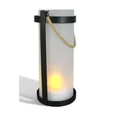 Arnusa LED Windlicht Solar Laterne Outdoor Tischlampe aus Glas und Metall Flammen-Effekt, LED fest integriert, Warmweiß, Hängend/Stehend, wetterfeste Gartendeko 30,5 cm schwarz