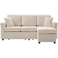 Modulares Ecksofa Corduroy L-Form verstellbar mit LED-Beleuchtung USB/TYPEC-Aufbewahrung 70x190cm, Beige