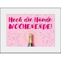 queence Bild »HOCH DIE HÄNDE WOCHENENDE!«, Sprüche & Texte-Humor-Mode-Fashion-Motivationsbilder-Wein, (1 St.), HD Premium Poster-Druck inkl. Holzrahmen queence Farbe Rahmen: schwarz + Farbe Bild(er): rosa/pink