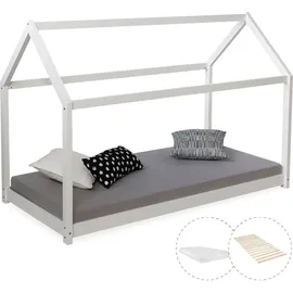 Homestyle4u Hausbett 90 x 200 cm Kiefer massiv lackiert weiß