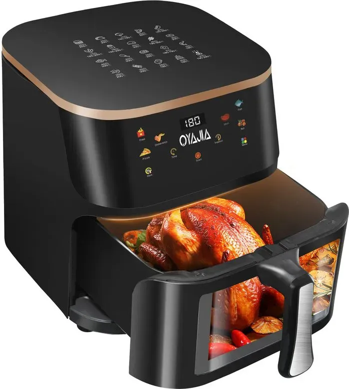 Oyajia 9L Heißluftfritteuse mit Sichtfenster, Typ Nr. 21, Familiengröße, 6-in-1-Kochprogramme, Smart-Touchscreen, Timerfunktion, spülmaschinengeeignet, fettfrei & fettarm kochen, Schwarzes Küchenelektrogerät