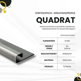 tktrading24 10x Quadrat-Profil Edelstahlschiene Fliesenschiene Fliesenprofil L250cm 10mm gebürstet