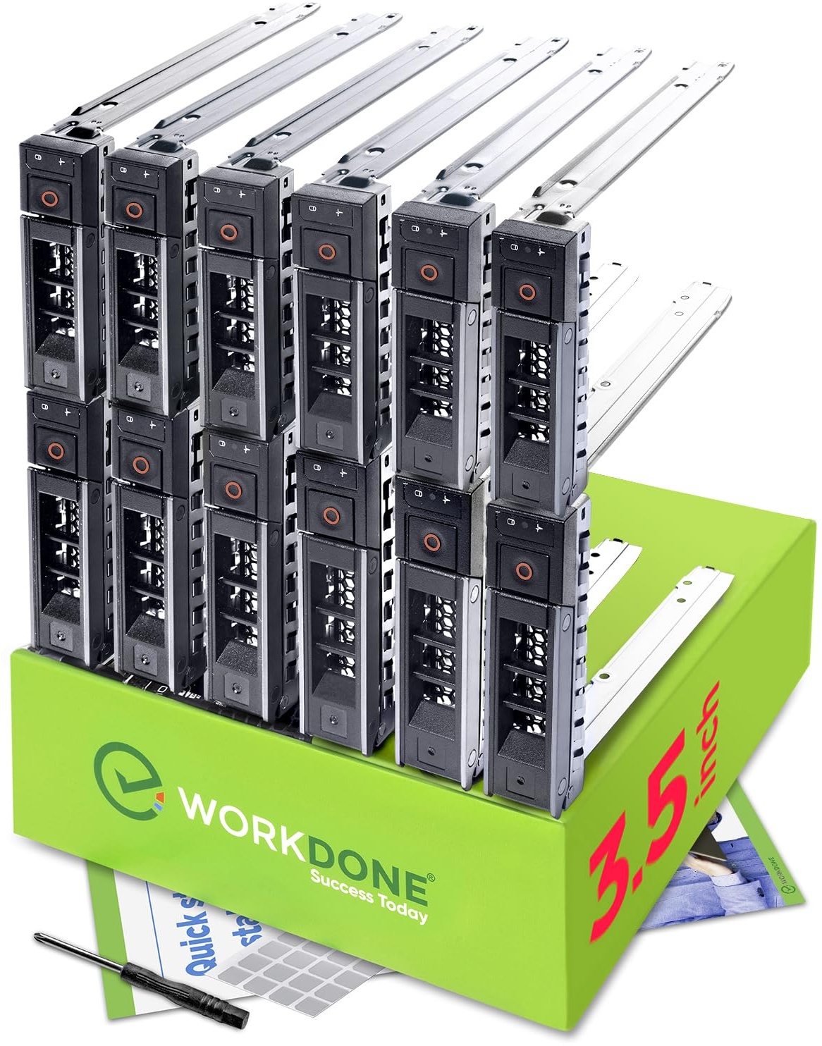 WORKDONE 12er-Pack - 3,5" Festplatten-Caddy - Kompatibel für Dell PowerEdge Server 14.-15. Gen. - mit ausführlicher Anleitung - Aufkleber - Schraubendreher - Starke Tray-Schrauben