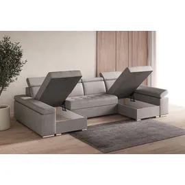 moeblo Ecksofa U mit Schlaffunktion, verstellbaren Kopfstützen & Bettkasten – Großes Wohnlandschaft Sofa mit Stauraum - Ecksofa Luka U - Hellgrau (Twi... - Hellgrau