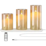 EXTSUD LED Flammenlose Kerzen Flackern mit Ladestation und Fernbedienung,3er Set Led Kerzen aus Glas Wiederaufladbare Flamme Kerzenlicht mit timerfunktion Romantische Valentinstag Deko Wohnzimmer