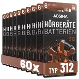 ABSINA Hörgerätebatterien 312 60 Stück mit gut greifbarer Schutzfolie - Batterien für Hörgeräte 312 Zink Luft mit 1,45V - Typ 312 Hörgeräte Batterie Braun - PR41 ZL3 P312 Hörgerätebatterien