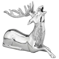 Große Liegende Silber Deko Hirsch Figur & Geweih - Weihnachten Wildfigur 25 cm