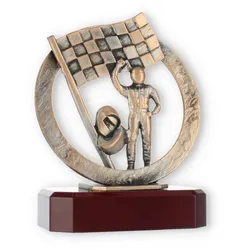 Pokal Zamakfigur Fahrer im Kranz altgold auf mahagonifarbenen Holzsockel 18,0cm