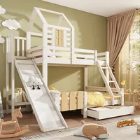 Etagenbett Bett 90x200 & 140x200 Cm, Hausbett Mit Schublade Rutsche Und Leiter, Kinderbett Hochbett Mit Lattenrost, Blockhaus-design, En747-1:2024 Sicherheit(ohne Matratze)