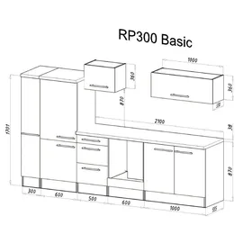Respekta Küchenzeile 300 cm Schwarz Hochglanz-Weiß