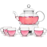 TAMUME Classic-Stil Blühende Glas Tee-Set Inklusive 1 * 600ml Teekanne und 1 Tee-Wärmer mit 4 Tassen und 4 * 100ml Untertassen Glasgeschirr Teekanne und Tee-Set