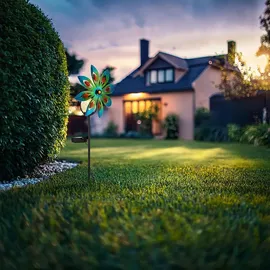 GLOBO Gartendeko Windrad LED Solarlampe Terrassenlampe bunt Außenlampe Erdspieß, Metall kupferfarben, Bruchglas, Warmweiß, Lxh 20x50 cm