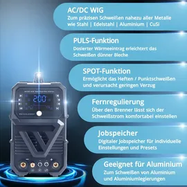 STAHLWERK Schweissgerät, Schutzgas Schweissgerät AC/DC WIG 200 Puls Pro Digital Vollausstattung