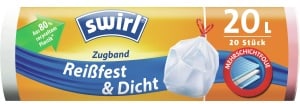 Swirl® Müllbeutel Reißfest, mit Zugband, 20 Liter, Besonders reißfeste, dichte und tropfsichere Mülltüten, 1 Rolle = 20 Beutel