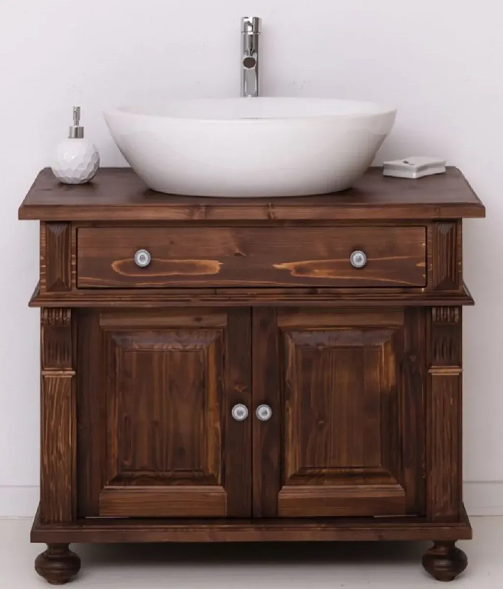 Casa Padrino Landhausstil Badezimmer Set Dunkelbraun / Weiß - 1 Waschbeckenschrank & 1 Ovales Keramik Waschbecken - Badezimmer Möbel im Landhausstil - Landhausstil Möbel - Landhausstil Einrichtung