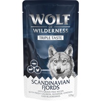 12x125 g Scandinavian Fjords Lachs, Rentier, Huhn Wolf of Wilderness getreidefreies Hundefutter nass