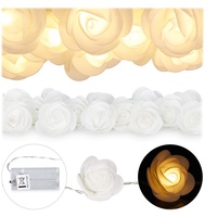 Relaxdays Rosen Lichterkette, 20er LED Lichterkette Batterie, Hochzeit, Verlobung & Valentinstag, warmweiß, Deko, weiß,