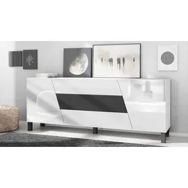 Vladon Sideboard 178 x 57,5 x 38,5 cm Weiß matt/Weiß Hochglanz/Schwarz matt