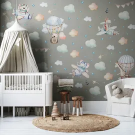 Muralo Sticker Set für Mädchen und Jungen - Aquarell Aufkleber Wandsticker Tattoo für Kinderzimmer - Wandaufkleber Tiere in den Wolken Motiv - Br.120cm x Hö.60cm