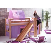 RELITA Hochbett »Eliyas«, inkl. Rolllattenrost, mit Leiter, Rutsche u. Textilset, massiv Buche, Gestell Buche natur lackiert + purple/rosa, herz)