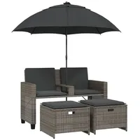 vidaXL Gartensofa 2-Sitzer Sonnenschirm und Hocker Grau Poly Rattan