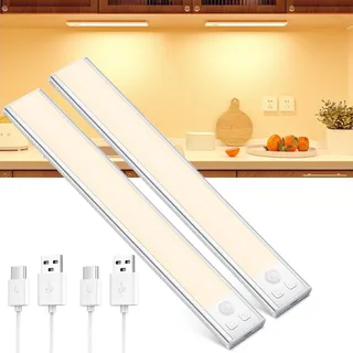 OUILA Schrankbeleuchtung LED mit Bewegungsmelder Unterbauleuchte Küche LED USB-C wiederaufladbar LED-Licht Dimmbar kabellos Nachtlicht für Küche Kleiderschrank Schrank 20.5CM 2 Stück