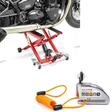 Set: Motorrad Hebebühne Midlift XL bis 500kg rot ConStands mit Bremssscheibenschloss Alarm 110dB chrom