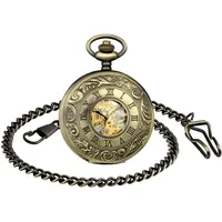 MICGIGI-Unisex Taschenuhr mit Halskette Kette Analog Handaufzug Bronze Römische Ziffern Mechanische Taschenuhren