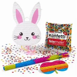 Feiermeier Pinata-Set | 4-tlg. mit Augenmaske, Schlagstock und Konfetti (Hase "Bunny" | 38x58x10 cm)